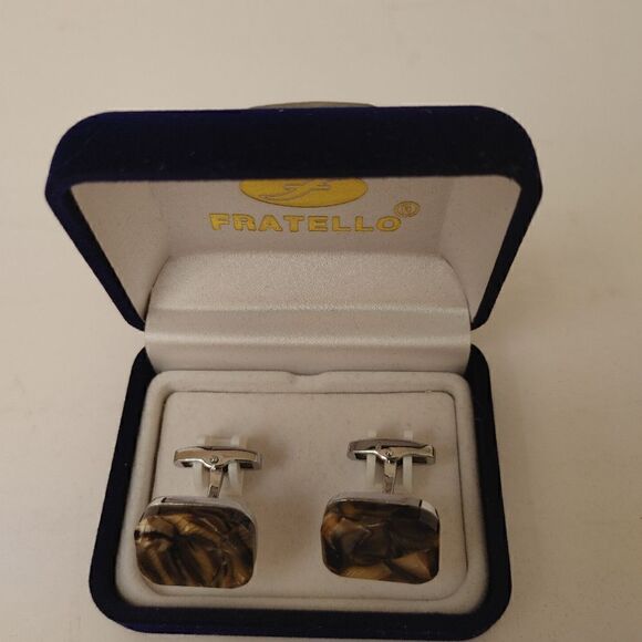 MEN'S FRATELLO BROWN, TAN, IVORY SQUARE ABSTRACT DESIGN CUFFLINKS. - Picture 2 of 2